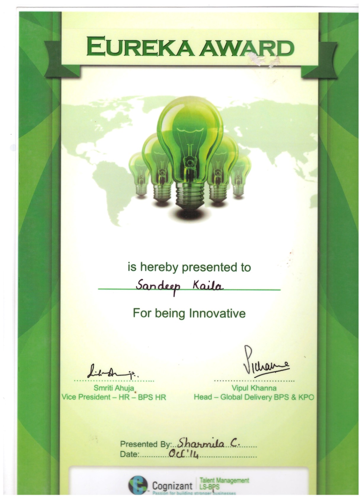 Eureka Award, Oct 2014