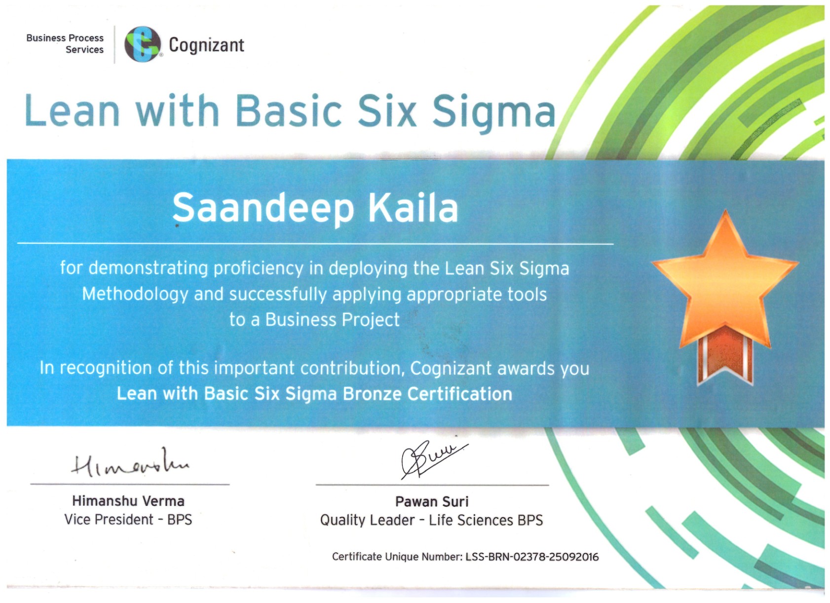 Lean Bronze Six Sigma, 2016