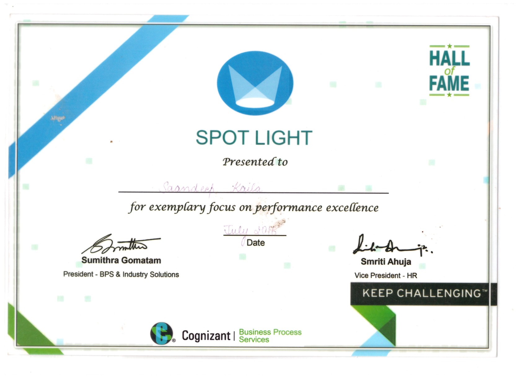 Spot Light Award, Jun 2016