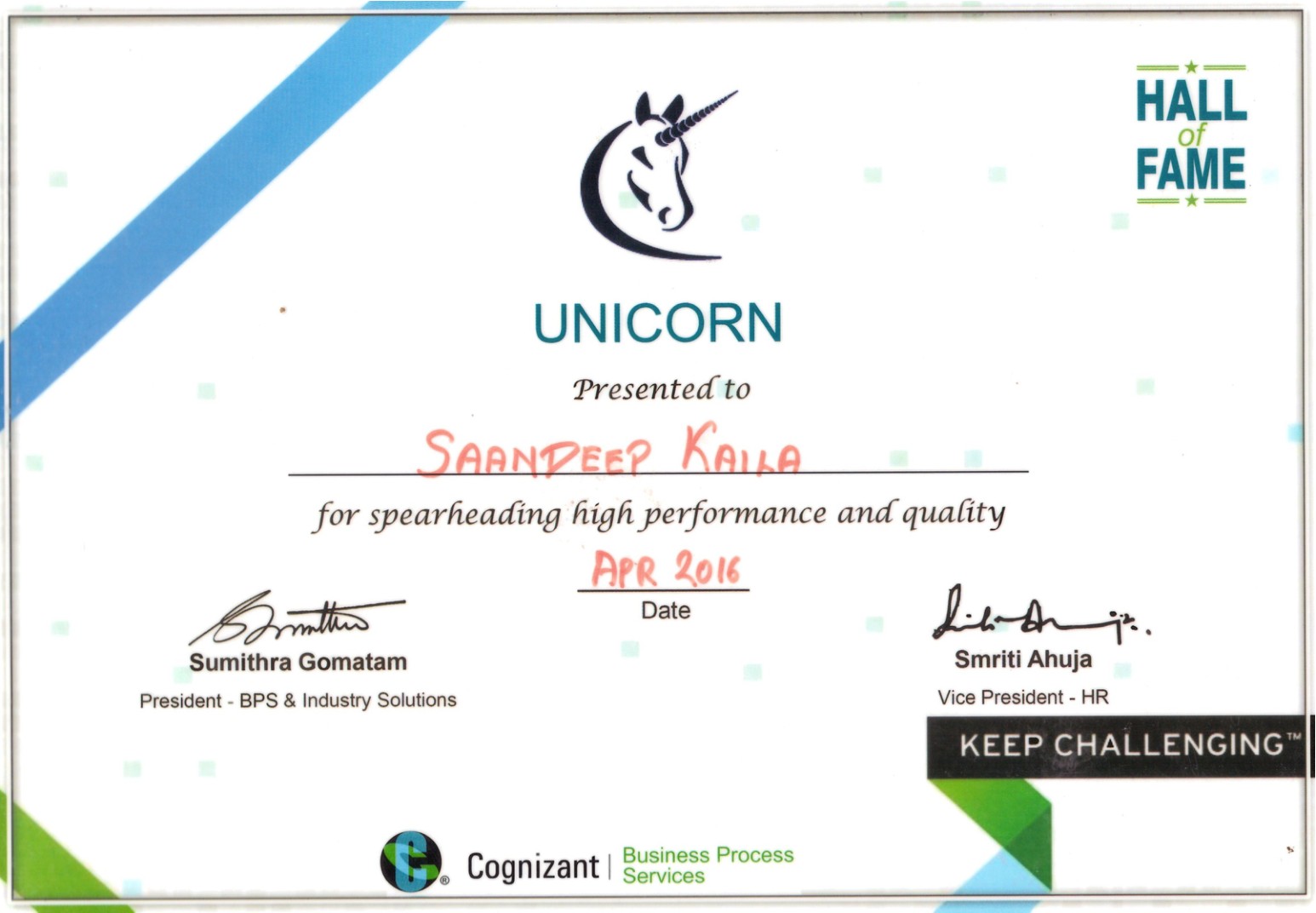 Unicorn Award, Apr 2016