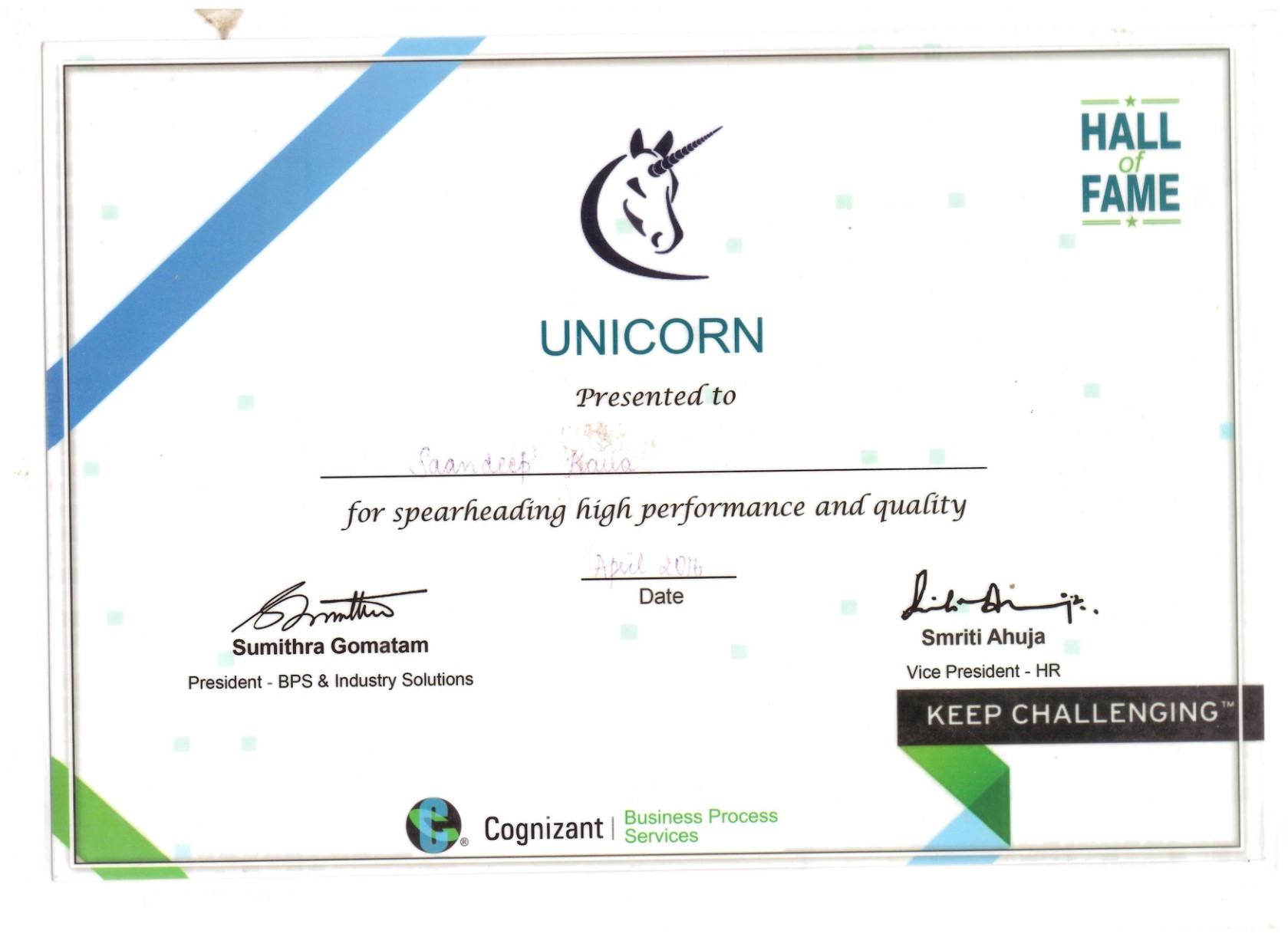 Unicorn Award, May 2016