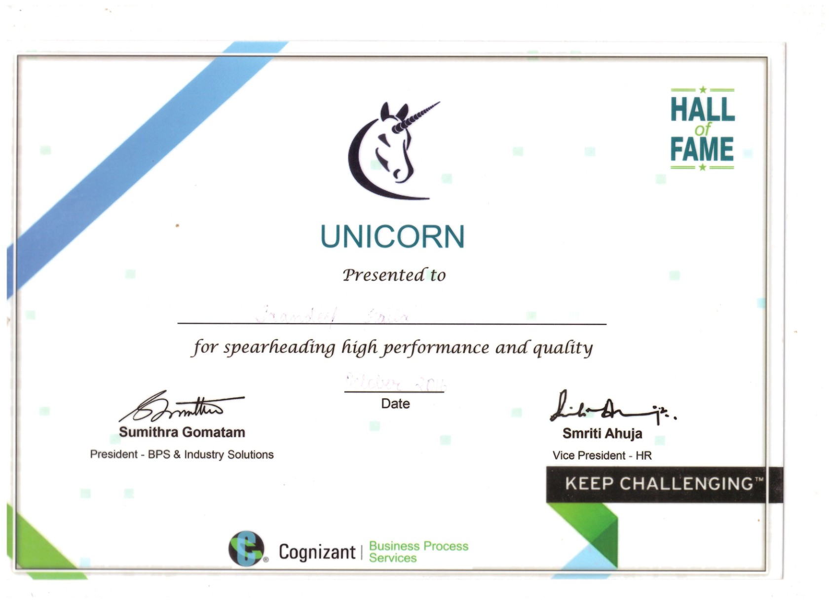 Unicorn Award, Oct 2016
