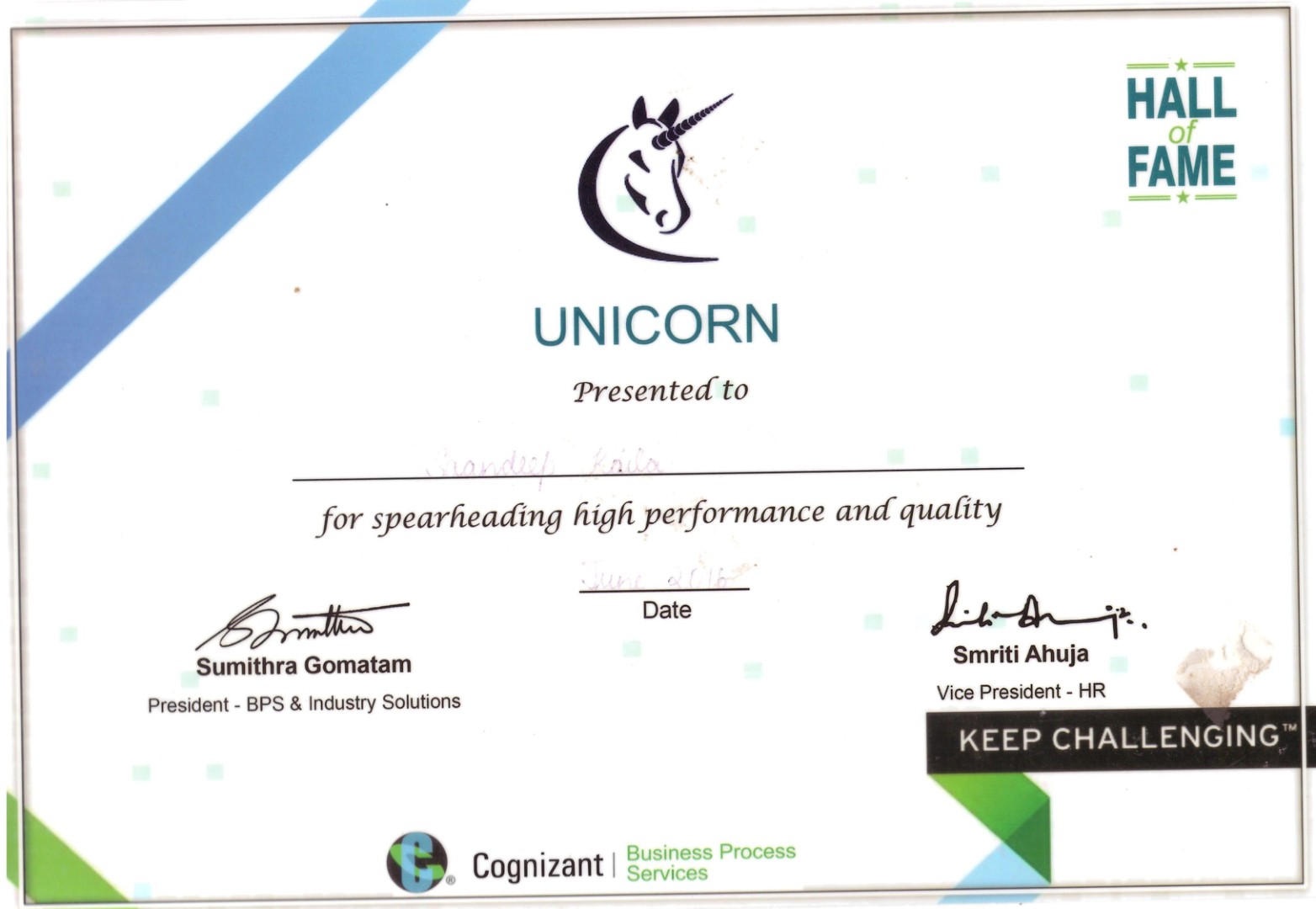 Unicorn Award, Jun 2016